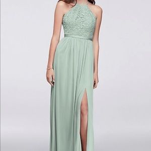 David's Bridal Dusty Sage Maxi Lace Mesh Halter Bridesmaid Dress F19608 [10]